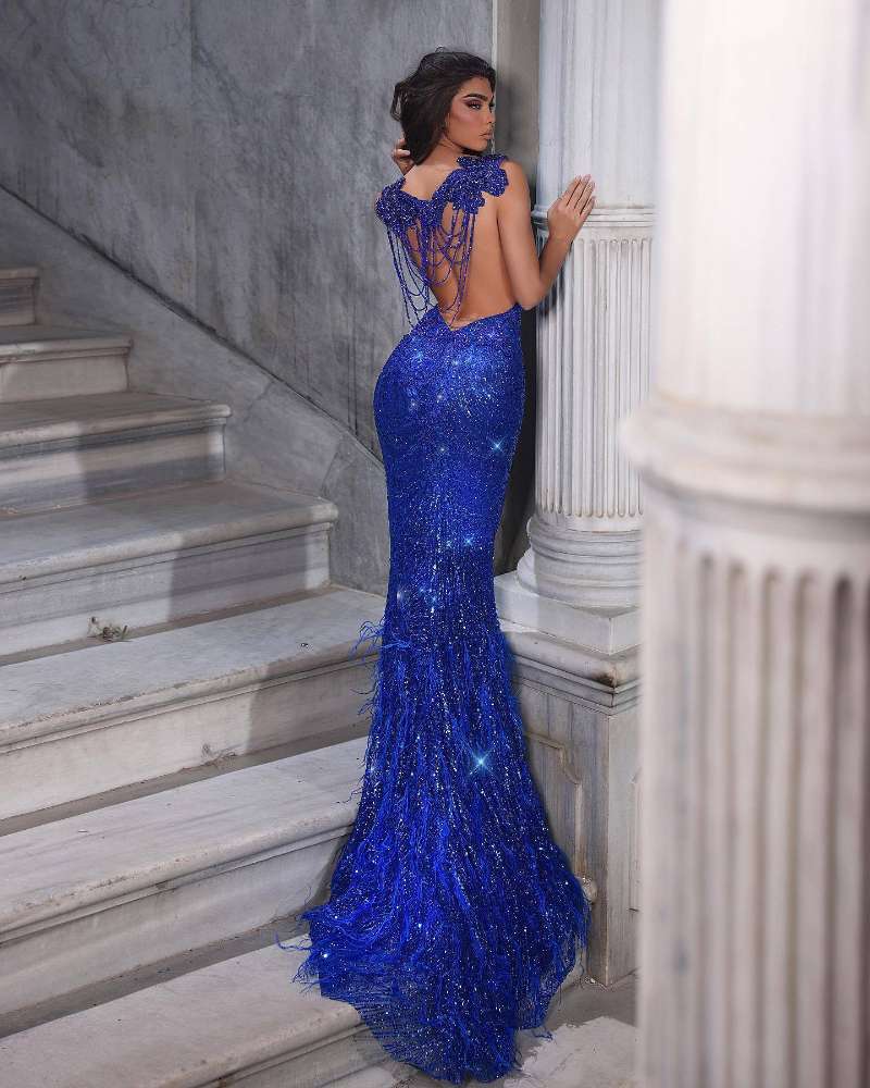 Sexy Royal Blue Prom Dresses Feather Spaghetti Straps Sequins Bling Bling Evening Gowns Custom Made Robe De Mariee