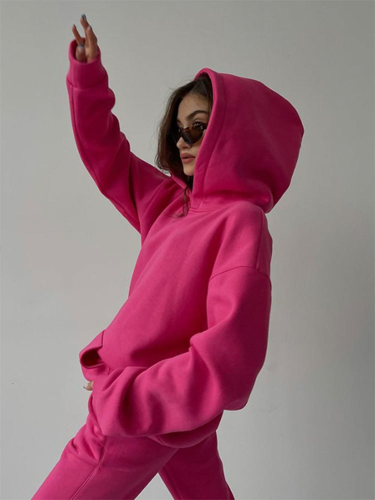 Women's Two Piece Pants Women's Tracksuit Fleece Hooded Two Piece Set Loose Hoodies Jogger Pants Sets Female Spring Casual Lady Sportswear S