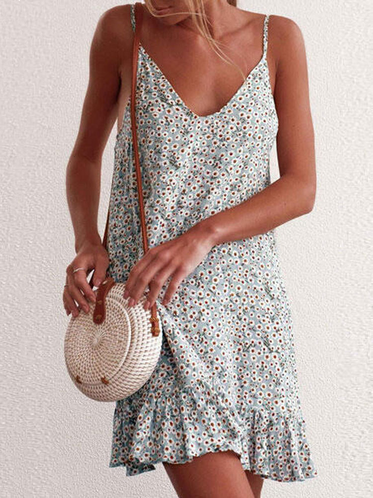 Casual Dresses Summer Boho Floral Dress Women Backless Spaghetti Strap Dress Beach Sexy Bohemian Flower Short Party Dresses For Women 230131