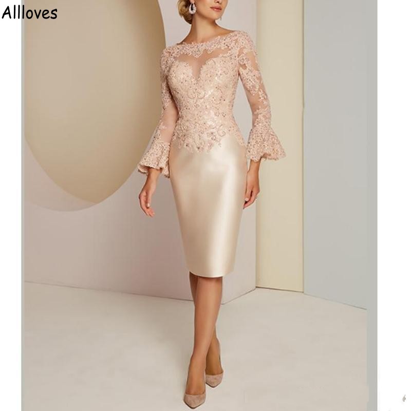 Lace Elegant Mother Appliuqed Of The Bride Dresses Sheer Neck Long Sleeves Knee Length Short Women Evening Party Gowns Sheath Wedding Guest Dress Plus