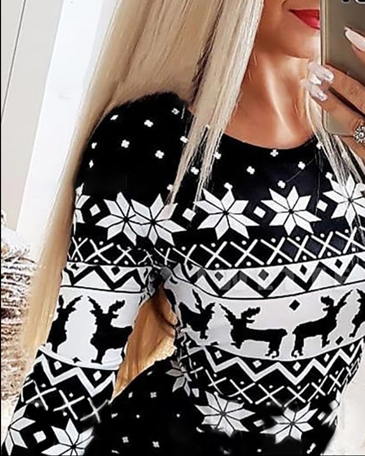 Casual Dresses Christmas Women's Dresses Autumn Long Sleeve Fashion Snowflake Elk Print Casual O-Neck Daily Skinny Mini Dress 230131