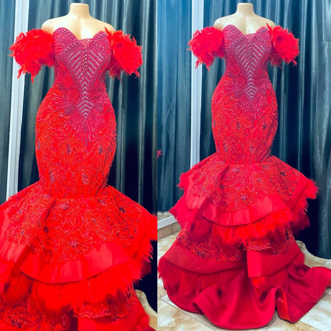 Arabic Aso Ebi Mermaid Red Prom Dresses Lace Beaded Feather Evening Formal Party Second Reception Birthday Engagement Gowns Dress ZJ