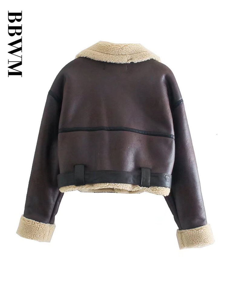 Womens Leather Faux Womans Fashion Thick Warm Shearling Jacket Coat Vintage Long Sleeve Belt Hem Female Outerwear Chic Tops 230131