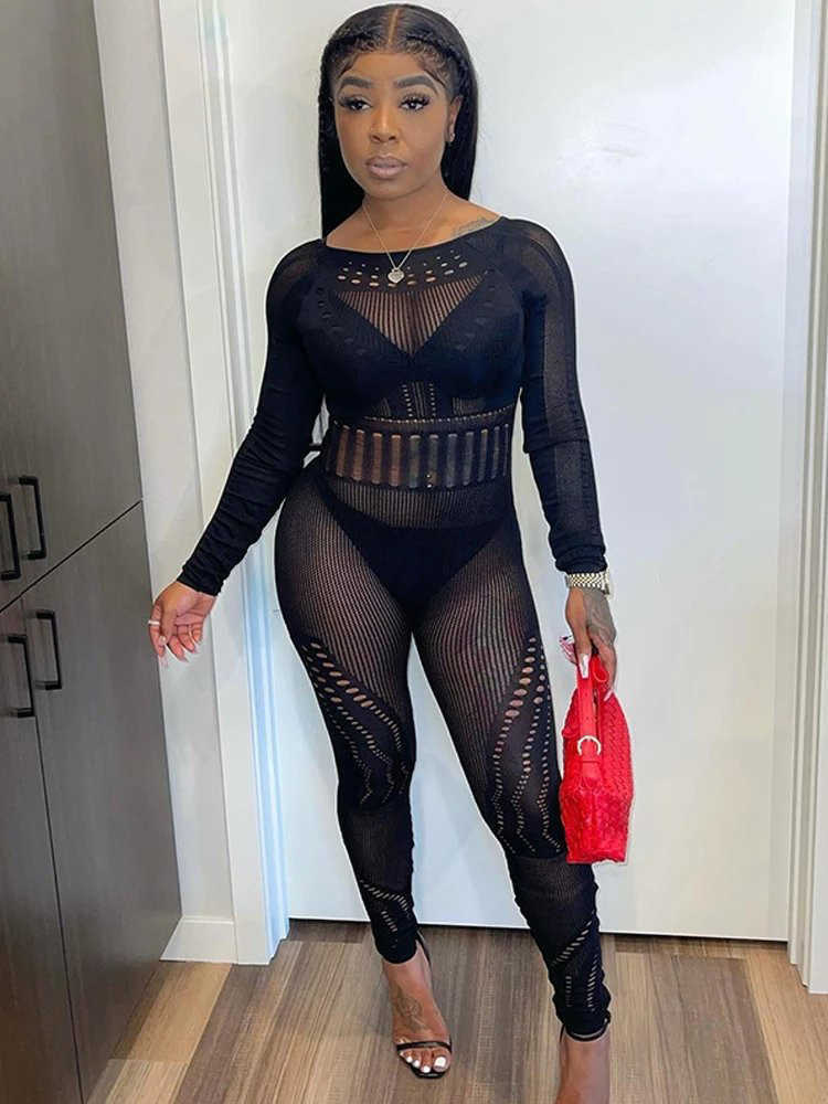 Women's jumpsuits amp rompers New Sexy Long Sleeve Tight Hollow Through Perforated Jumpsuit plus size Pants Women