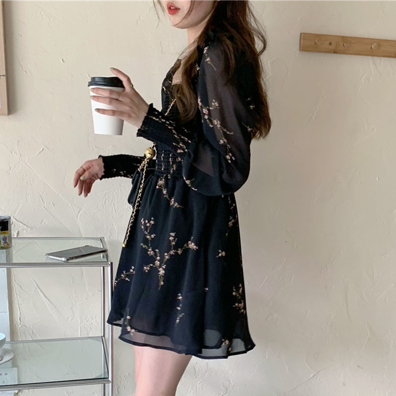 Casual Dresses Spring Womens Sexy Black Dress Vintage Flower Long Puff Sleeve Chiffon Dresses Korean Casual Mini Vestidos Mujer Clothes 13676 230131