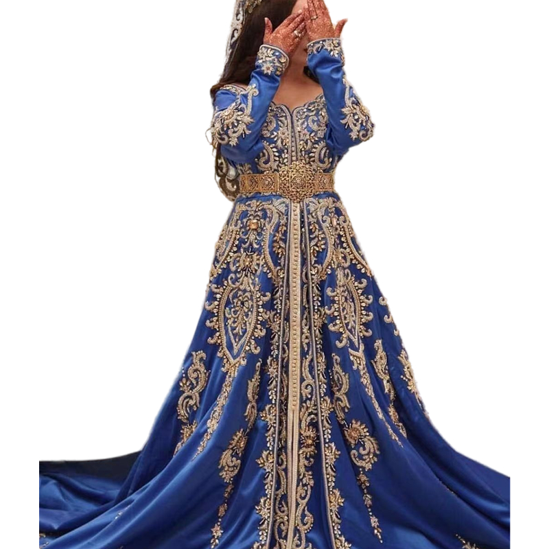 Moroccan Kaftan Evening Dresses Gold Crystals Beaded Lace Applique Long Sleeves A Line Arabic Dubai Prom Party Gowns Elegant Muslim Women Formal Dress