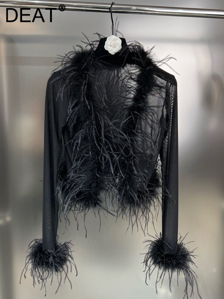 Women's Jackets DEAT summer fashion women clothes flare sleeves feather spliced mesh see throw sexy top cardigan WW97001L 230131