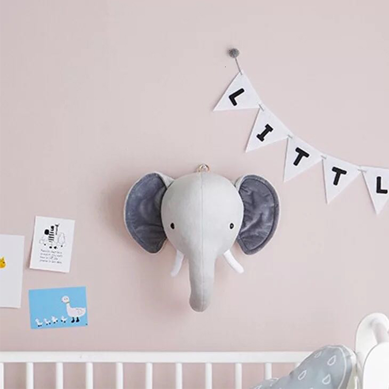 Wall Decor Cute Animals Elephant Head Stuffed Plush Doll Kids Girls Bedroom Wall Hanging Decoration Artwork Toys Nordic Style Po Props 230131