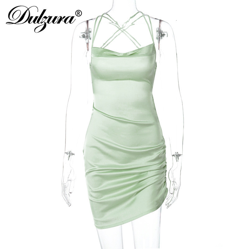 Casual Dresses Dulzura Satin Women Strap Mini Dress Ruched Lace Up Cross Bandage Backless Bodycon Sexy Party Elegant Club Christmas Slim 230131
