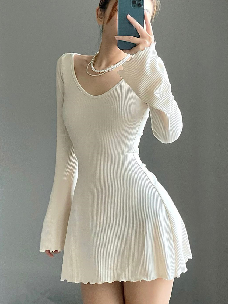 Casual Dresses Darlingaga Casual Frill Long Sleeve Black Female Dress Slim Spring Autumn Mini Dresses Basic Fashion Elegant Outfits Korean Chic 230131