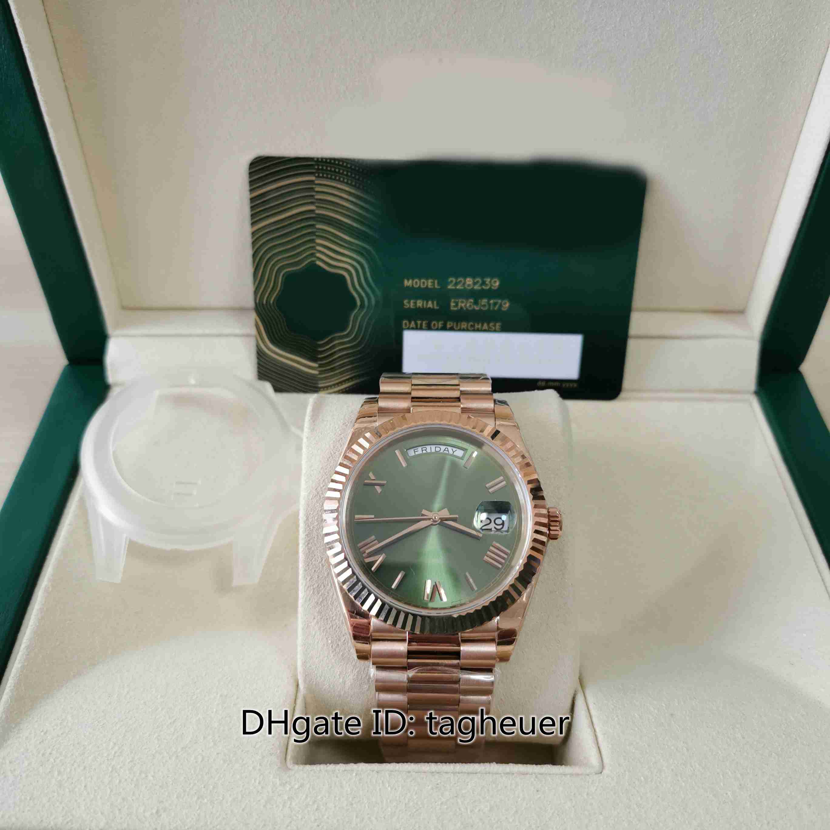 EW Factory Mens Watch Super Quality 40mm DayDate 228239 Green Roman Dial 18k Rose Gold Watches CAL.3255 Movement Mechanical Automatic Men's Wristwatches With Card, No box papers
EW Factory Mens Watch Super Quality 40mm DayDate 228239 Green Roman Dial 18k Rose Gold Watches CAL.3255 Movement Mechanical Automatic Men's Wristwatches With Card, No box papers