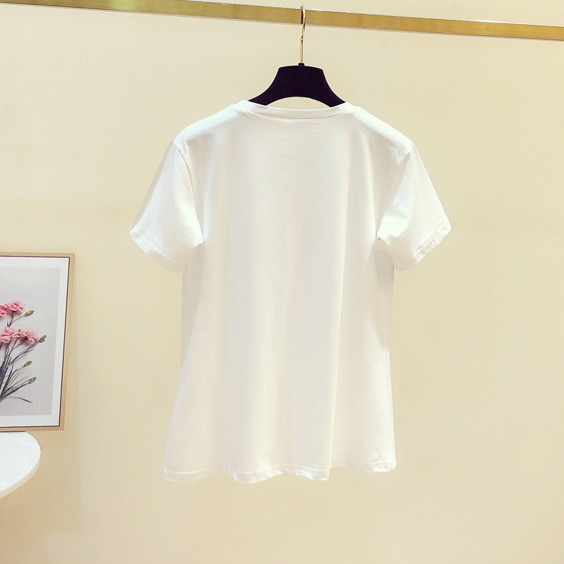 Solid Sequins Diamonds O-Neck Tshirt 2019 New Summer Office Lady Cotton Top Clothes Shirt Camiseta Mujer Black White T95107L CX200714