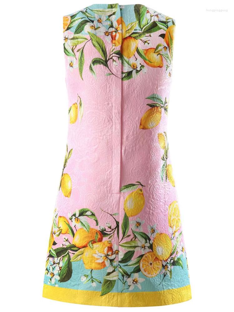 Casual Dresses SEQINYY Pink Mini Dress Summer Spring Fashion Design Women Runway High Quality Jacquard Sicily Lemon Print Slim Elegant