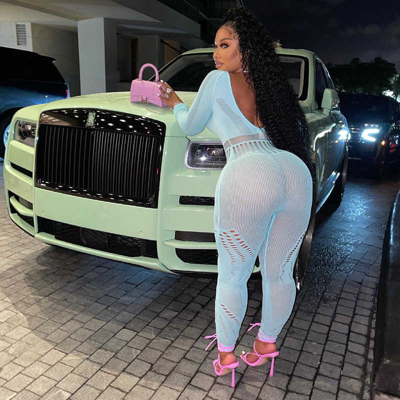 Women's jumpsuits amp rompers New Sexy Long Sleeve Tight Hollow Through Perforated Jumpsuit plus size Pants Women