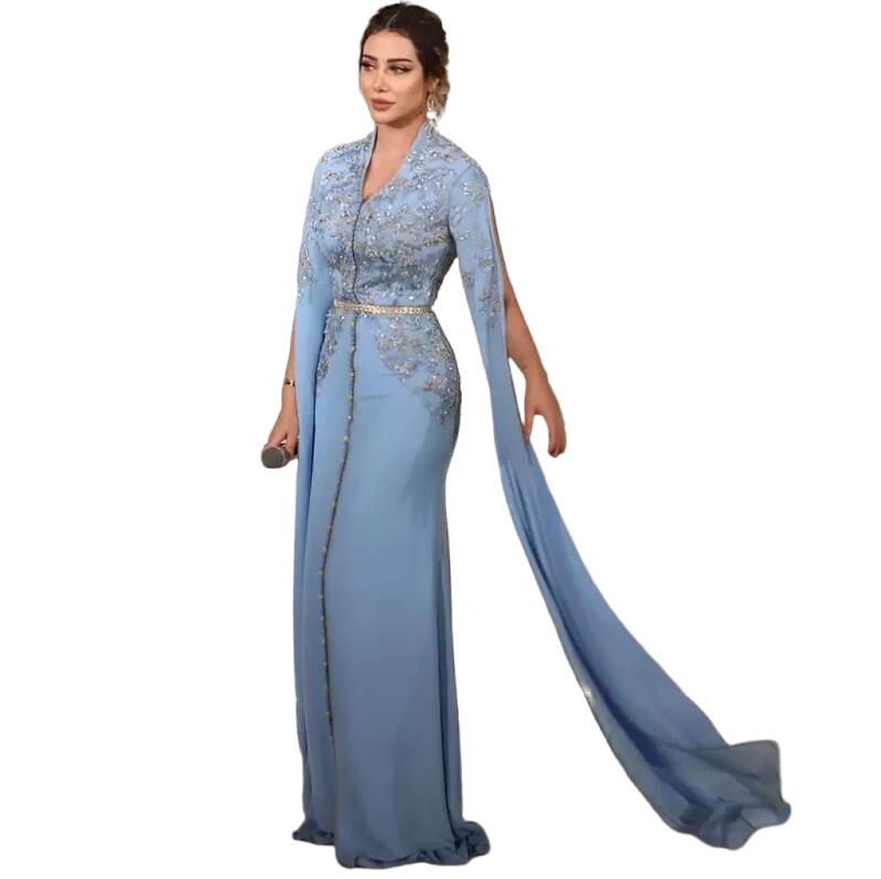 Sky Blue Moroccan Caftan Mother's Dresses V Neck Muslim Arabic Dubai Wedding Guest prom occasion Gowns