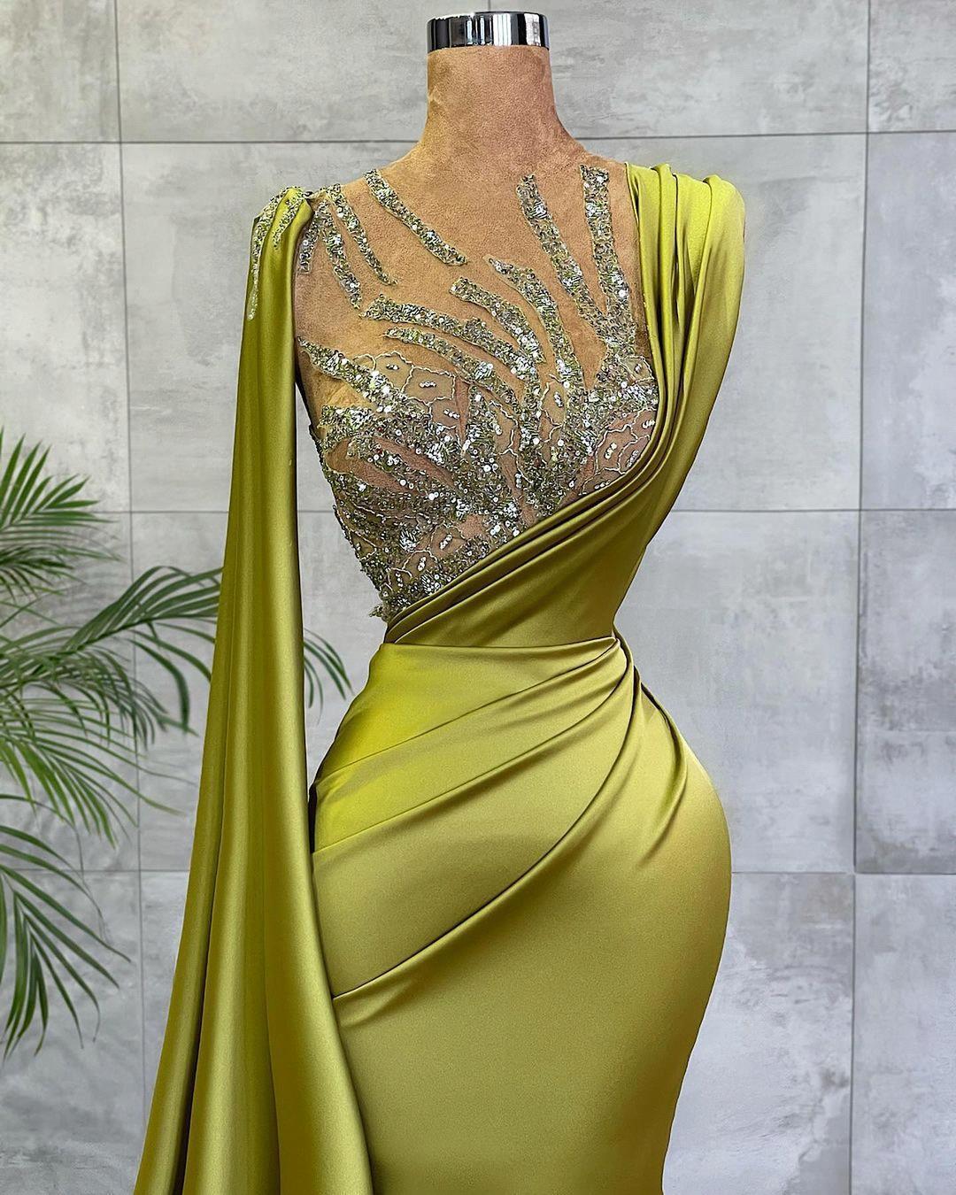 Arabic Lemon Green Mermaid Prom Dresses Mesh Top Sequin Beads Ruched Evening Ocn Wear Gowns Sheer Neck Sweep Train Robe de soriee