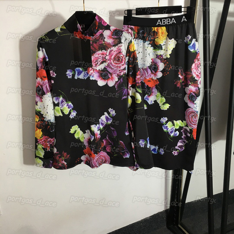 Floral Women Casual Dress Set Long Sleeve Blouse High Rise Midi Skirt