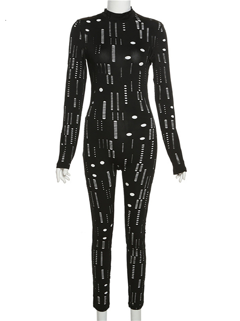 Women's Jumpsuits Rompers Simenual Hollow Out Ripped Bodycon Rompers Womens Jumpsuit Long Sleeve Mock Neck Sporty Workout Sexy Jumpsuits Spring 2