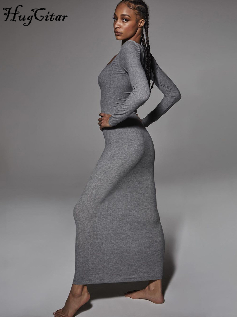 Casual Dresses Hugcitar Ribbed Solid Long Sleeve Square Neck Maxi Dress Fall Sexy Evening Party Elegant Vestido Kleider Mit Robe 230131