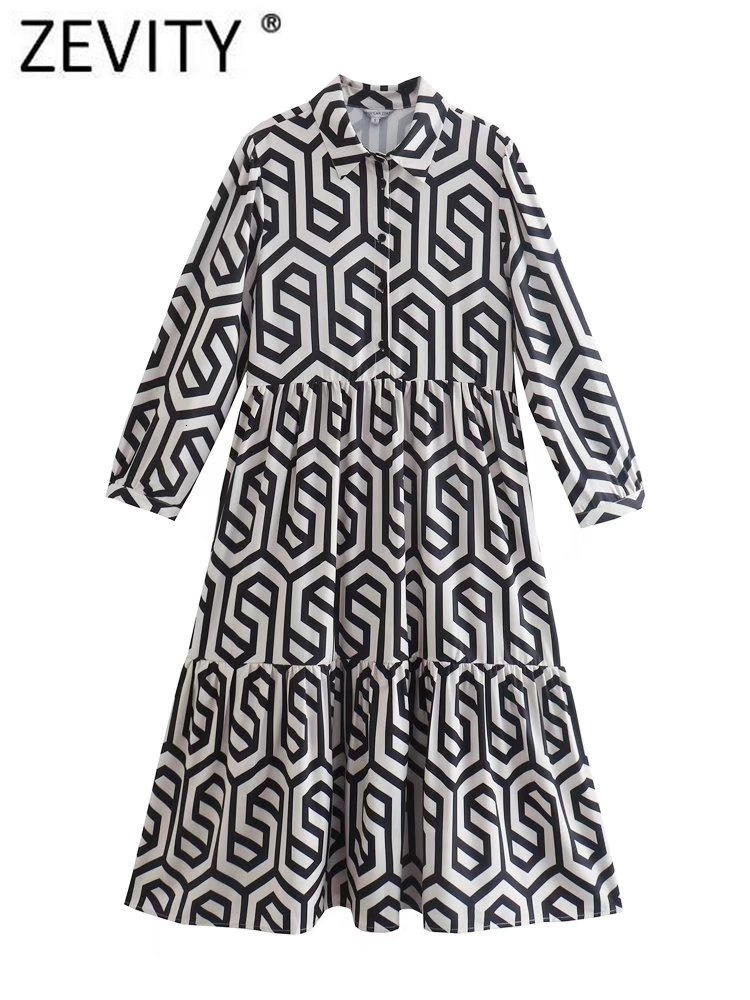 Casual Dresses ZEVITY Women Vintage Geometric Print Pleats Casual Slim Midi Shirt Dress Female Chic Pleats Ruffles A Line Vestido DS395 230131