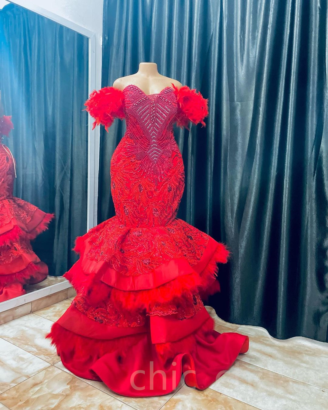 Arabic Aso Ebi Mermaid Red Prom Dresses Lace Beaded Feather Evening Formal Party Second Reception Birthday Engagement Gowns Dress ZJ