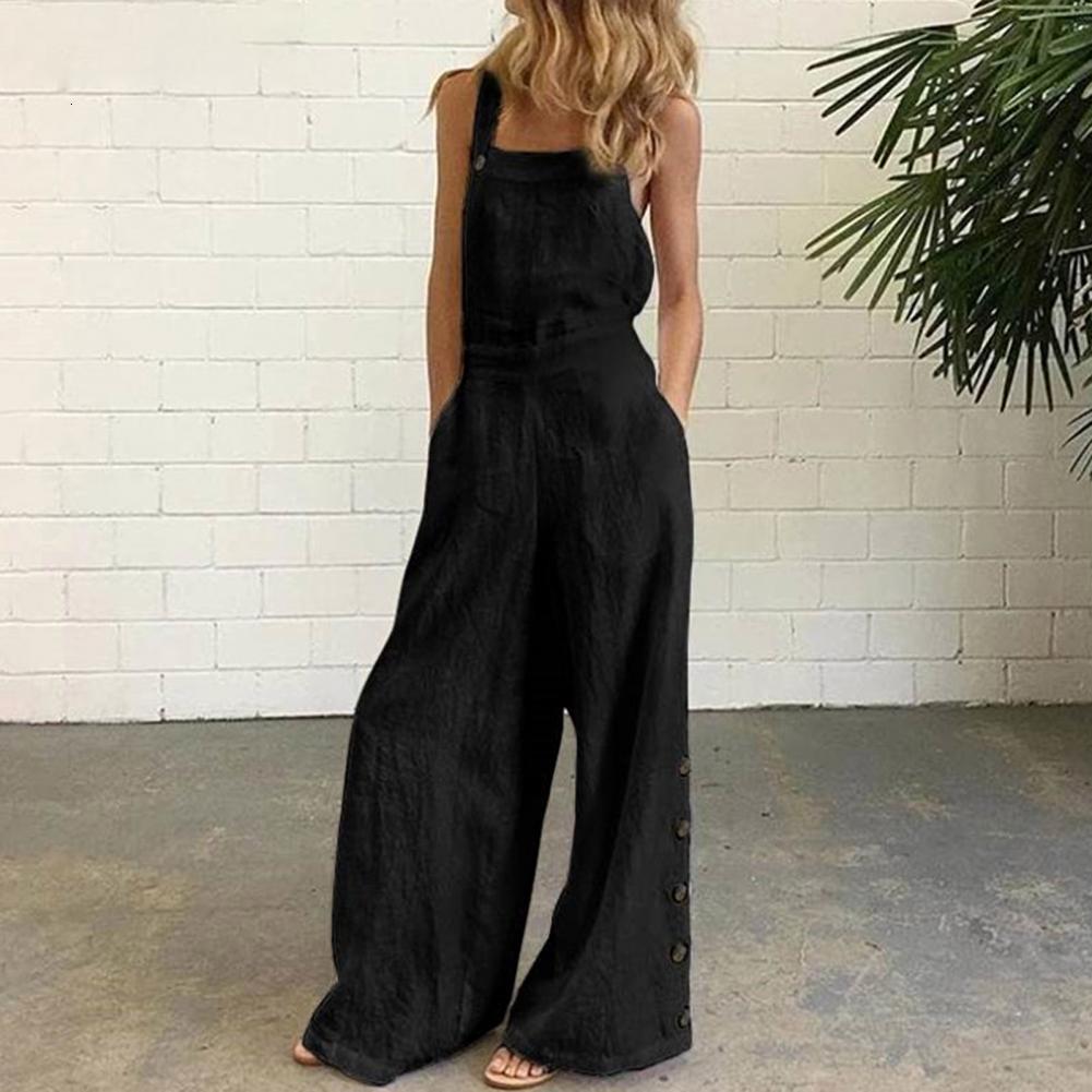 Women's Jumpsuits Rompers Women Jumpsuit Summer Sleeveless Solid Color Wide Leg Pockets Loose Strappy Playsuit Overall Wide Leg Pockets mono muje