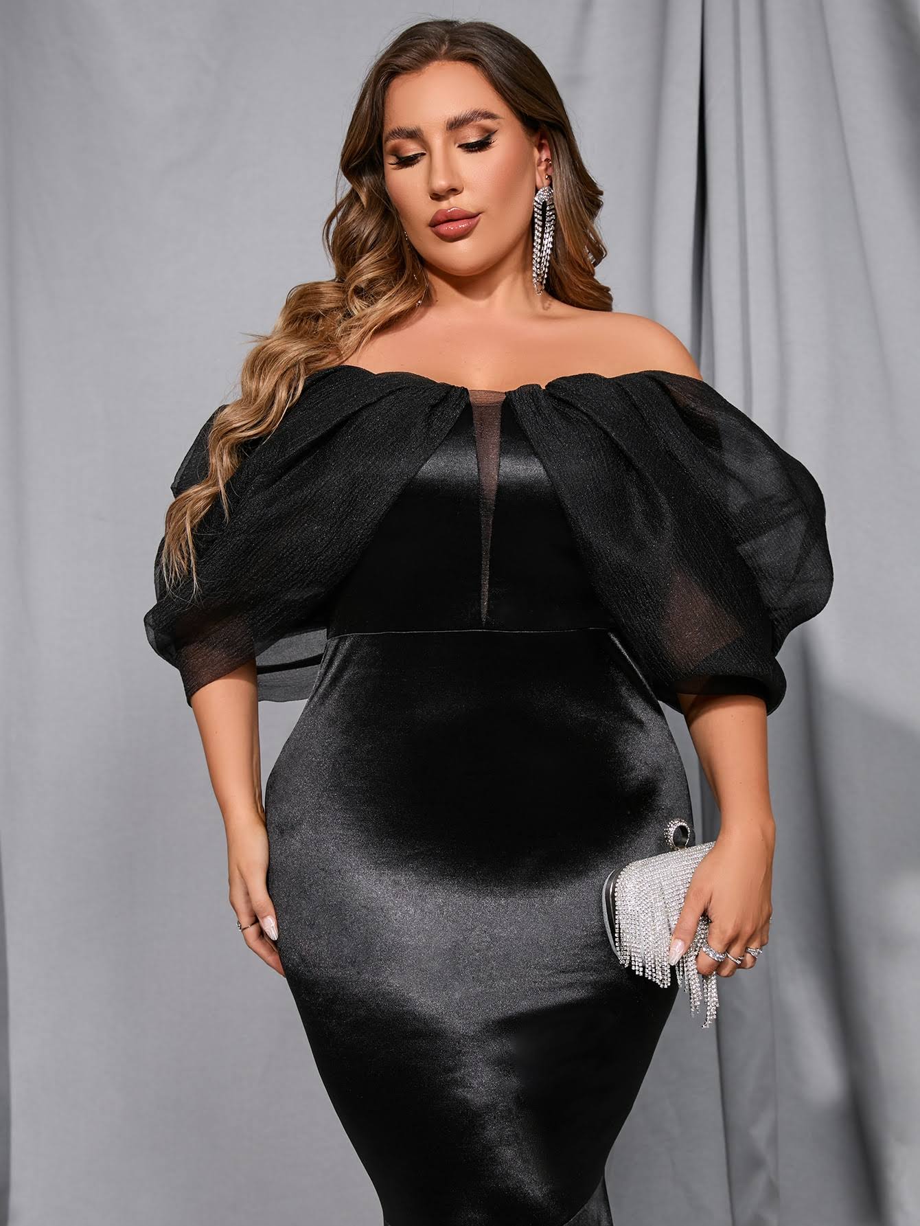 Elegant Black Silk Satin Mermaid Prom Dresses With Insert Mesh Off Shoulder Lantern Sleeves Long Formal Evening Gowns Plus Size Women Celebrity Party 