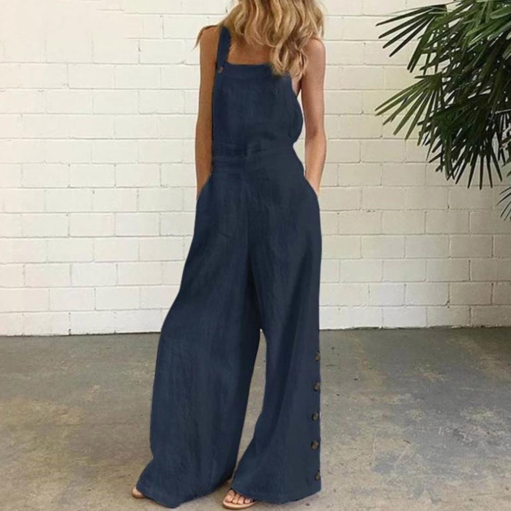 Women's Jumpsuits Rompers Women Jumpsuit Summer Sleeveless Solid Color Wide Leg Pockets Loose Strappy Playsuit Overall Wide Leg Pockets mono muje