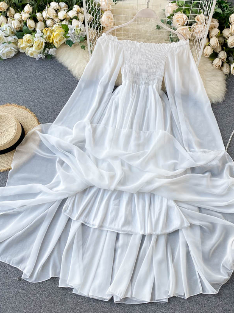 Casual Dresses LY VAREY LIN Spring Autumn Women Elegant Holiday Dresses Puff Sleeve Slash Neck Off Shoulder Smocked White Chiffon Dresses 230131