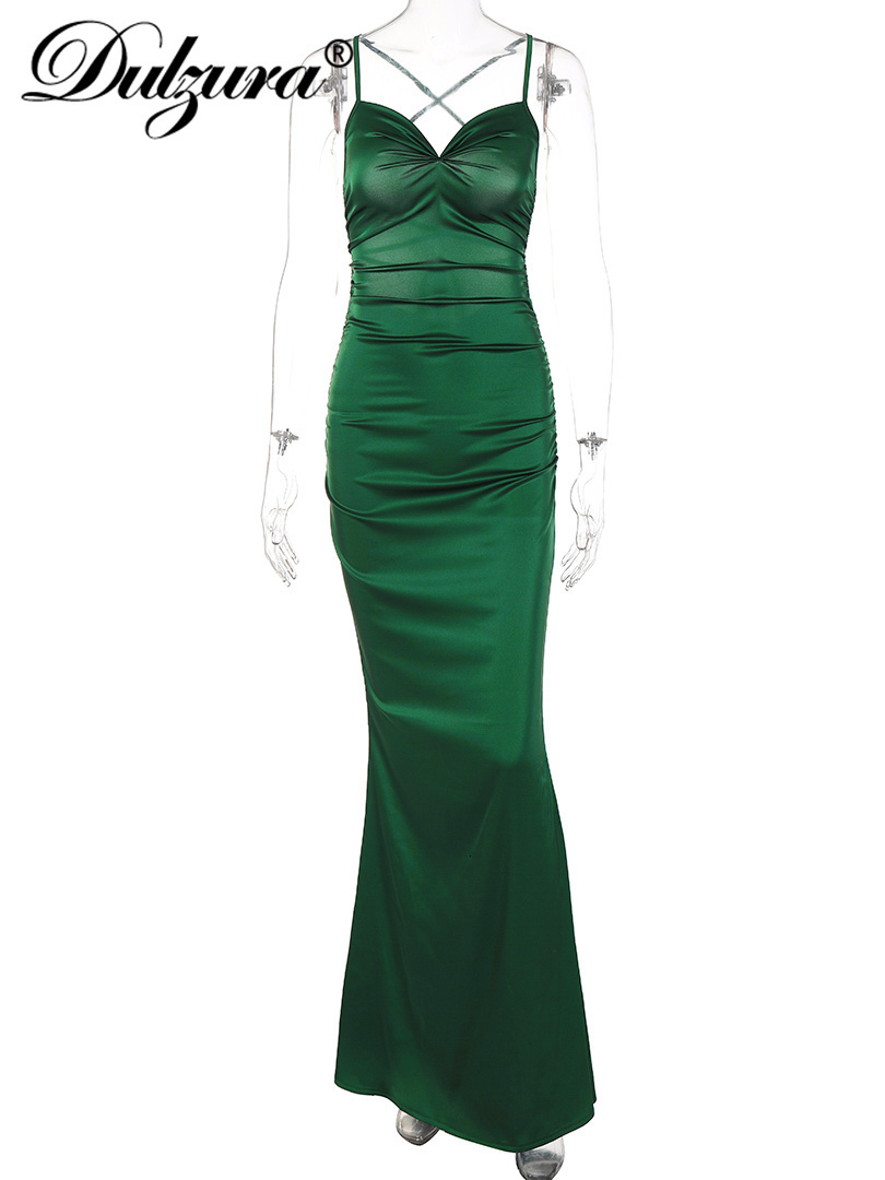 Casual Dresses Dulzura Lace Up Women Solid Satin Maxi Dress Backless Bodycon Sexy Streetwear Party Elegant Festival Evening Summer Outfit 230131