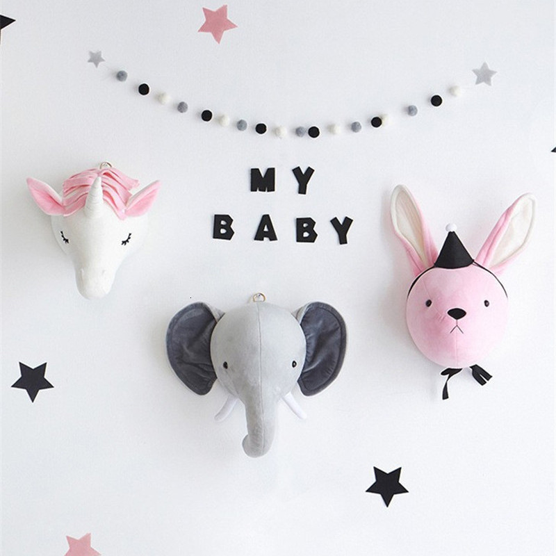Wall Decor Cute Animals Elephant Head Stuffed Plush Doll Kids Girls Bedroom Wall Hanging Decoration Artwork Toys Nordic Style Po Props 230131