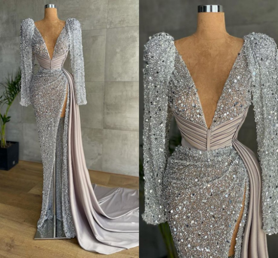 Long Sleeve Sexy Women Prom Dress 2024 V-neck Luxury Beaded Mermaid High Slit Silver Formal Evening Gala Gowns Robe De Soiree Vestidos Feast
