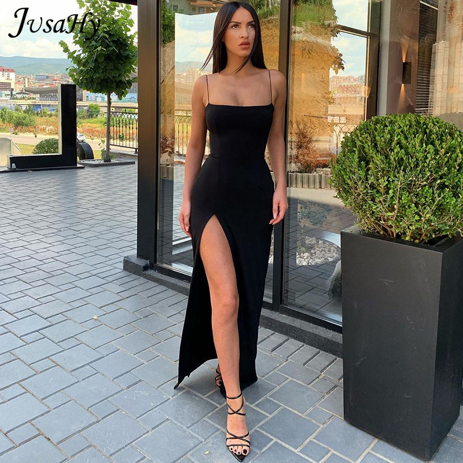 Casual Dresses JusaHy Elegant Vestidos Outfits Women Spaghetti Strap Sexy Split Solid Slim Lady Ankle Fashion Classic Length Maxi Dresses 230131