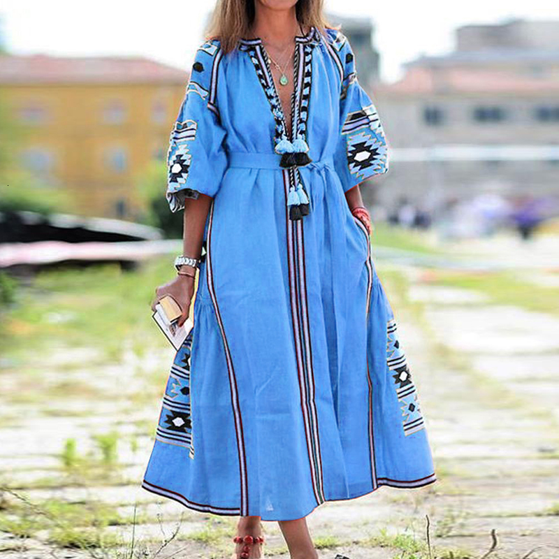 Casual Dresses Vestido Spring Summer Women's Boho Dress Fashion Elegant Sexy V-Neck Retro Digital Printed Tassel Puff Sleeve Mid Length Dresses 2