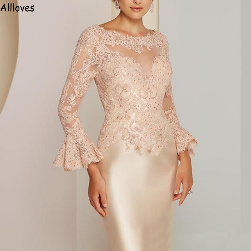 Lace Elegant Mother Appliuqed Of The Bride Dresses Sheer Neck Long Sleeves Knee Length Short Women Evening Party Gowns Sheath Wedding Guest Dress Plus