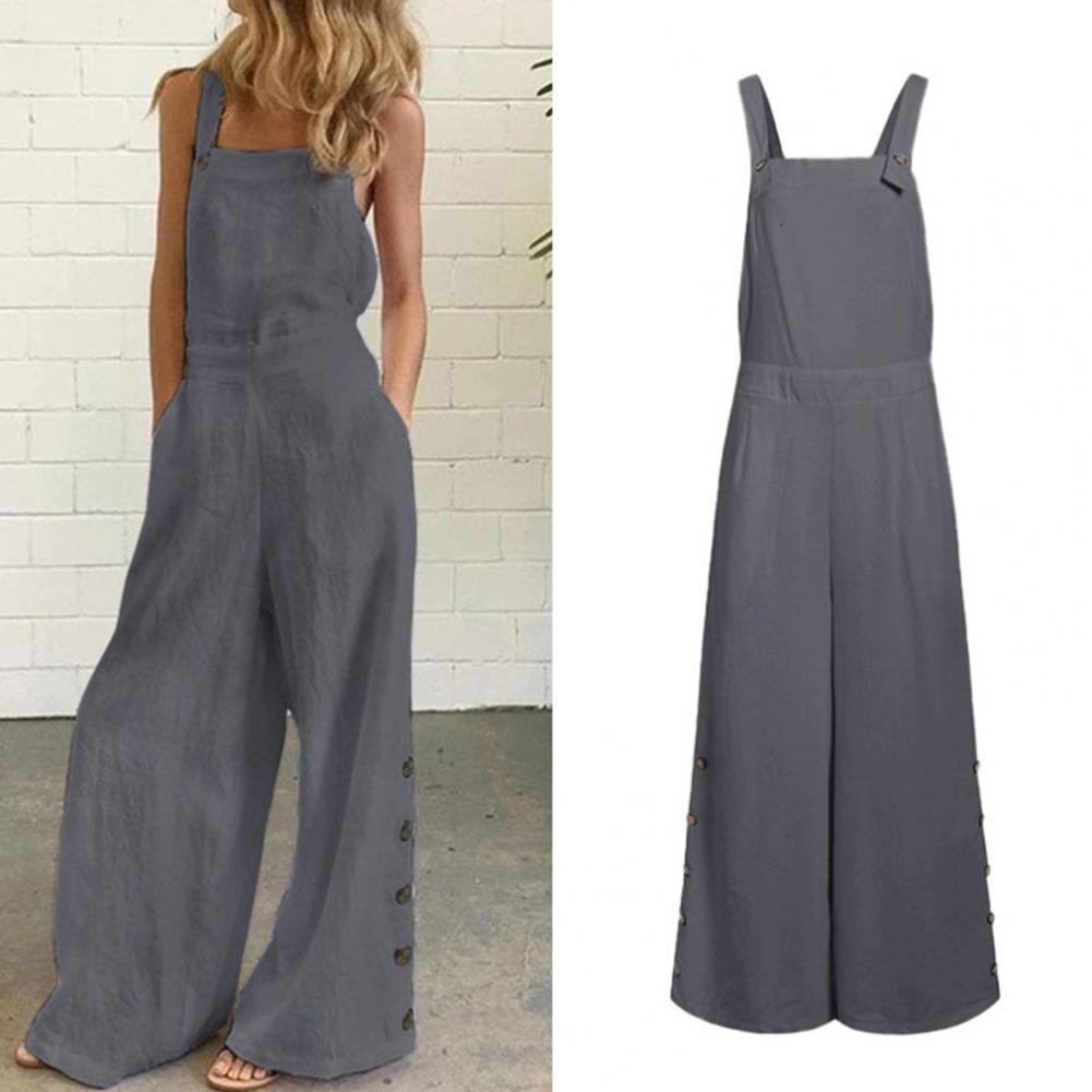 Women's Jumpsuits Rompers Women Jumpsuit Summer Sleeveless Solid Color Wide Leg Pockets Loose Strappy Playsuit Overall Wide Leg Pockets mono muje