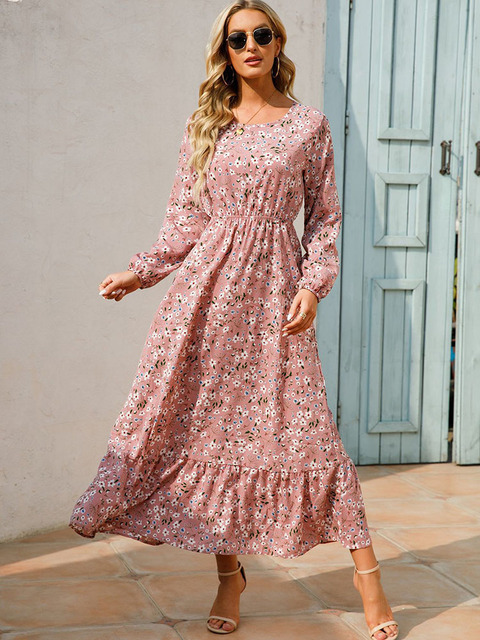 Casual Dresses Women Elegant Floral Printed Long Dresses Spring Summer Casual O Neck Long Sleeve Ladies Chic High Waist A Line Beach Dresses 230131