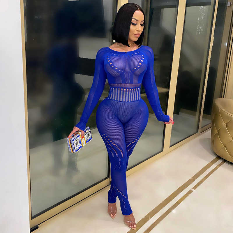 Women's jumpsuits amp rompers New Sexy Long Sleeve Tight Hollow Through Perforated Jumpsuit plus size Pants Women