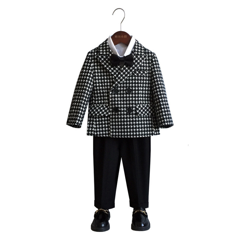 Suits Children's Houndstooth Formal Suit Set Boys Wedding Birthday Party Performance Costume Kids Double Breasted Blazer Pants Clothes 230131