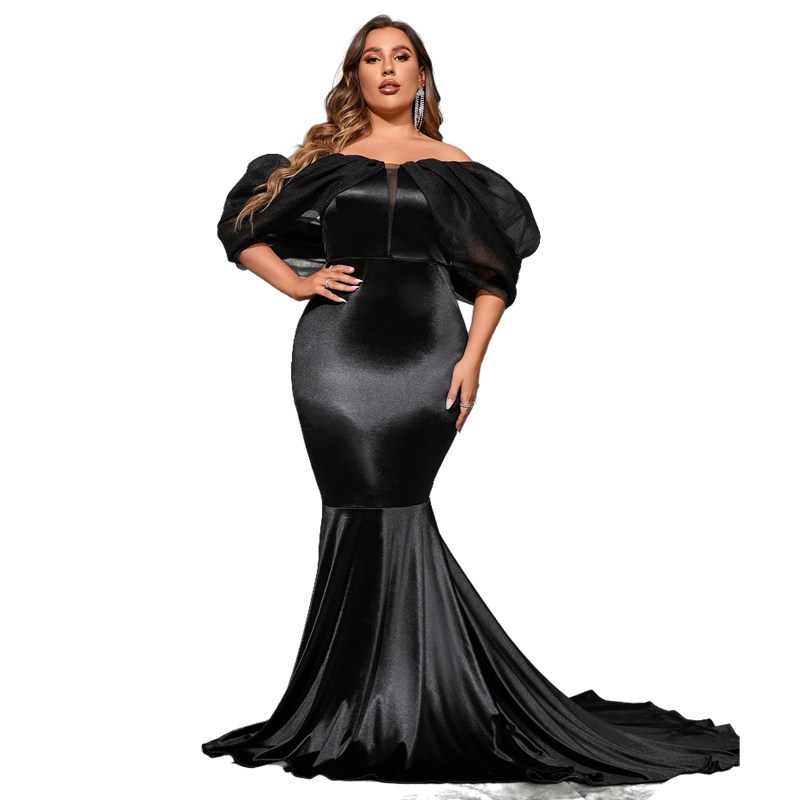 Elegant Black Silk Satin Mermaid Prom Dresses With Insert Mesh Off Shoulder Lantern Sleeves Long Formal Evening Gowns Plus Size Women Celebrity Party 