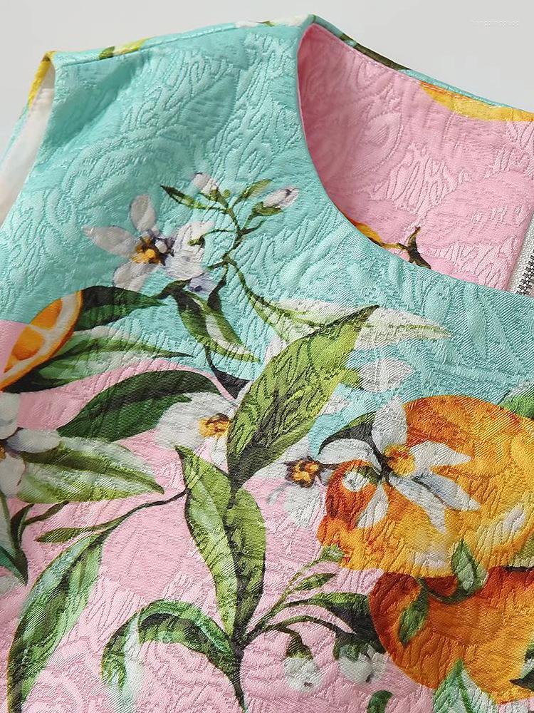 Casual Dresses SEQINYY Pink Mini Dress Summer Spring Fashion Design Women Runway High Quality Jacquard Sicily Lemon Print Slim Elegant