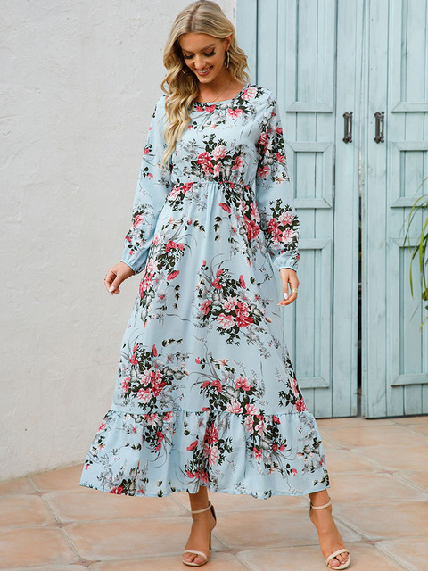 Casual Dresses Women Elegant Floral Printed Long Dresses Spring Summer Casual O Neck Long Sleeve Ladies Chic High Waist A Line Beach Dresses 230131