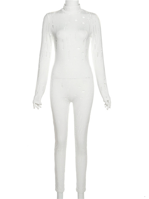 Women's Jumpsuits Rompers Simenual Hollow Out Ripped Bodycon Rompers Womens Jumpsuit Long Sleeve Mock Neck Sporty Workout Sexy Jumpsuits Spring 2