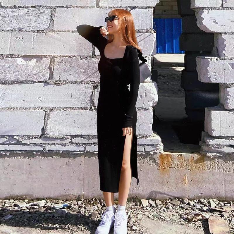 Casual Dresses Women Long Sleeve Dress Mid-calf Length Square Collar Black Sheath Retro Slim Sexy Vintage Side Slit Stretchy All-match Simple 230131
