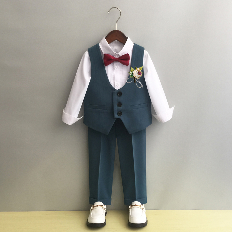 Suits Boys Double Breasted Dress Suit Set Autumn Winter Child Birthday Party Wedding Host Costumes Kids Blazer Pants Bowtie Clothes 230131