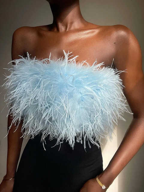 Women's Tanks Camis Tossy Fur Feather Strapless Tube Tops For Women Party Fashion Bustier Cute Top Y2k Club 2022 New Sexy Mini Fluffy Corset Top 