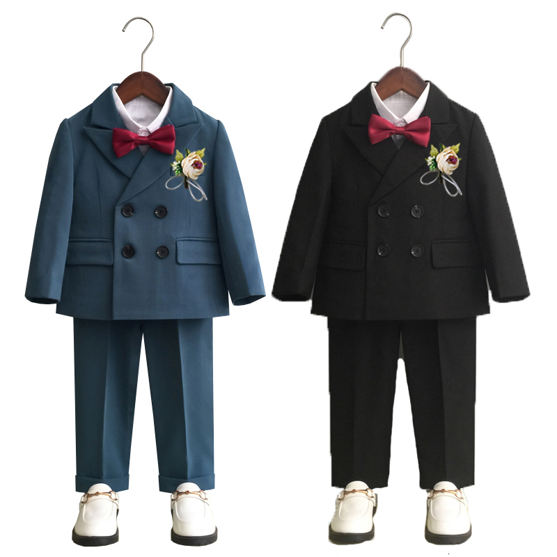 Suits Boys Double Breasted Dress Suit Set Autumn Winter Child Birthday Party Wedding Host Costumes Kids Blazer Pants Bowtie Clothes 230131