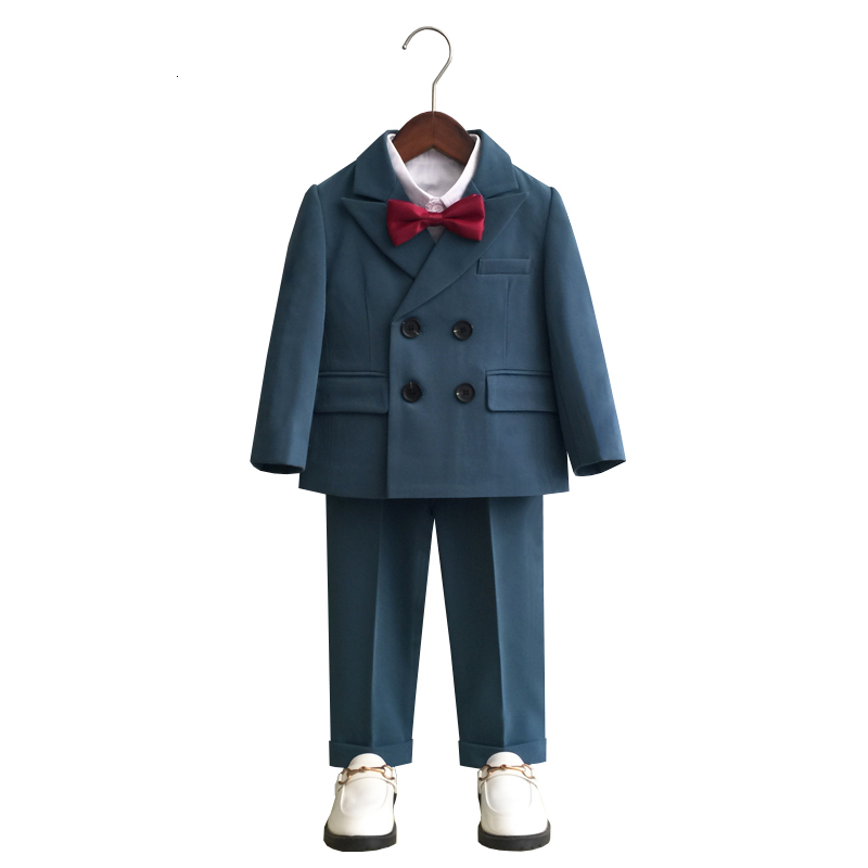 Suits Boys Double Breasted Dress Suit Set Autumn Winter Child Birthday Party Wedding Host Costumes Kids Blazer Pants Bowtie Clothes 230131