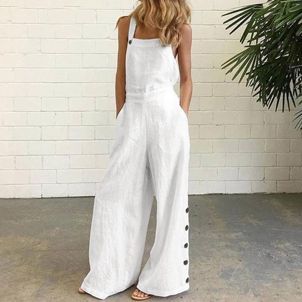 Women's Jumpsuits Rompers Women Jumpsuit Summer Sleeveless Solid Color Wide Leg Pockets Loose Strappy Playsuit Overall Wide Leg Pockets mono muje
