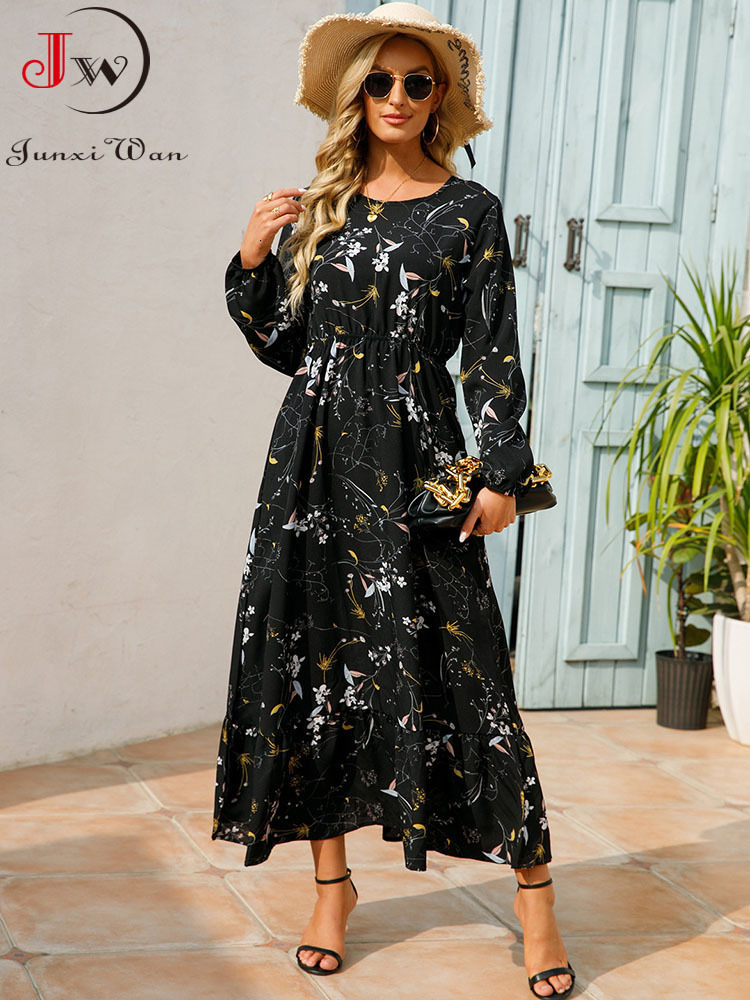 Casual Dresses Women Elegant Floral Printed Long Dresses Spring Summer Casual O Neck Long Sleeve Ladies Chic High Waist A Line Beach Dresses 230131